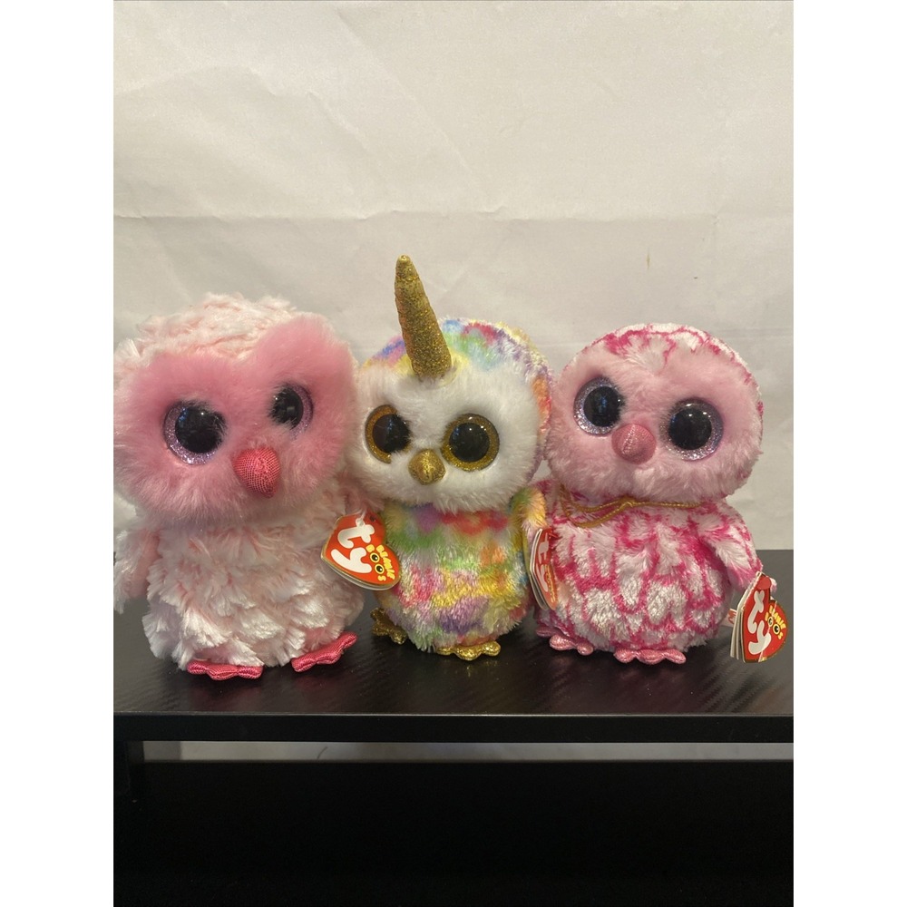 TY Beanie Boos Enchanted, Pinky, And Twiggy OWL Plush Set Of 3 With Tags
